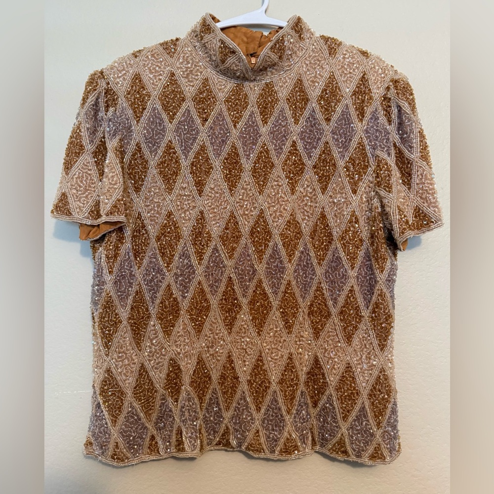 Adrianna Papell Beaded Mock Neck Top in Camel